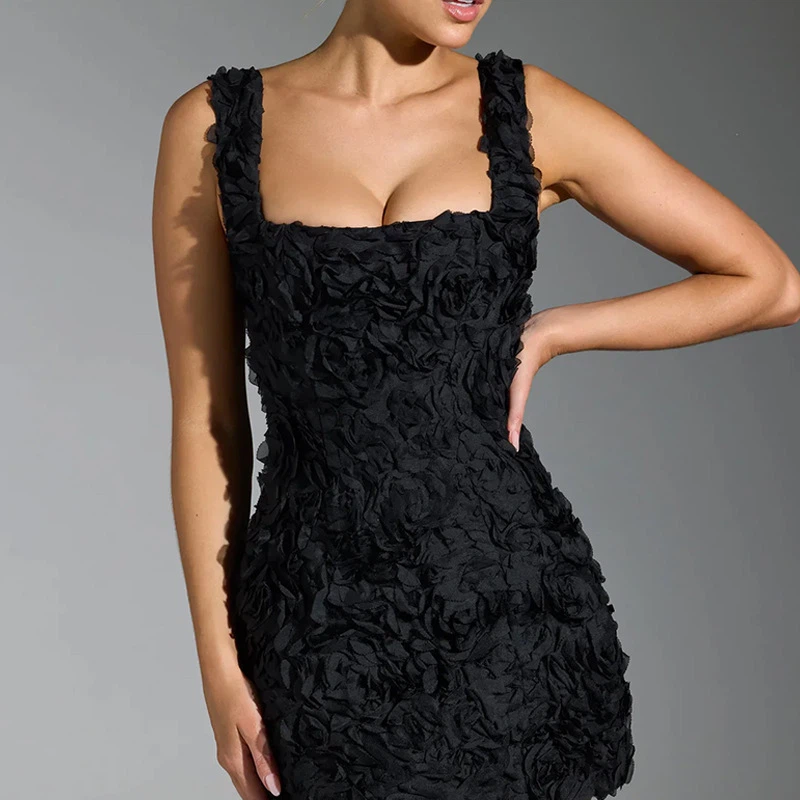 플로럴 아플리케 스퀘어 - 목 미니 드레스