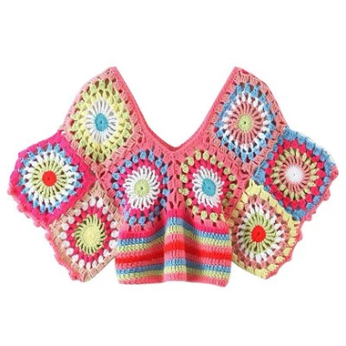 밝은 색의 크로 셰 뜨개질 V- 목 자르기 상단