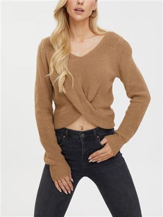 트위스트 - 프론트 V- 목 자른 니트 스웨터 - 낙타